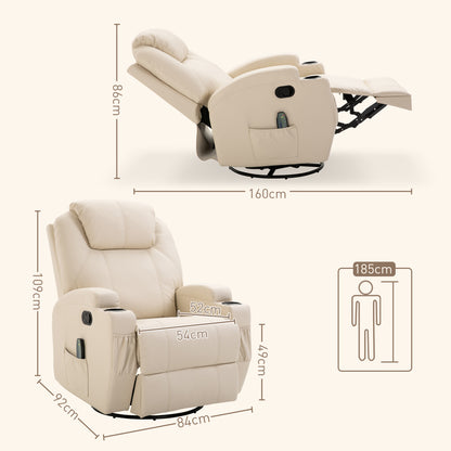HOMCOM Massagesessel Elektrisch Relaxsessel Fernsehsessel Massagefunktion 5 Massage-Modi Liegefunktion Kunstleder Holz Metall Schaumstoff Cremeweiß 84 x 92 x 109 cm
