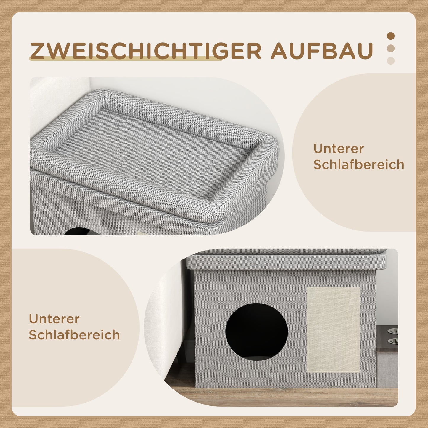 PawHut Katzenhaus, Futterplatz mit 2 Edelstahlnäpfen, Kratzmatte, weiches Liegekissen, 78 x 48 x 49,5 سم, غراو
