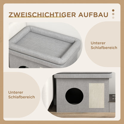 PawHut Katzenhaus, Futterplatz mit 2 Edelstahlnäpfen, Kratzmatte, weiches Liegekissen, 78 x 48 x 49,5 سم, غراو