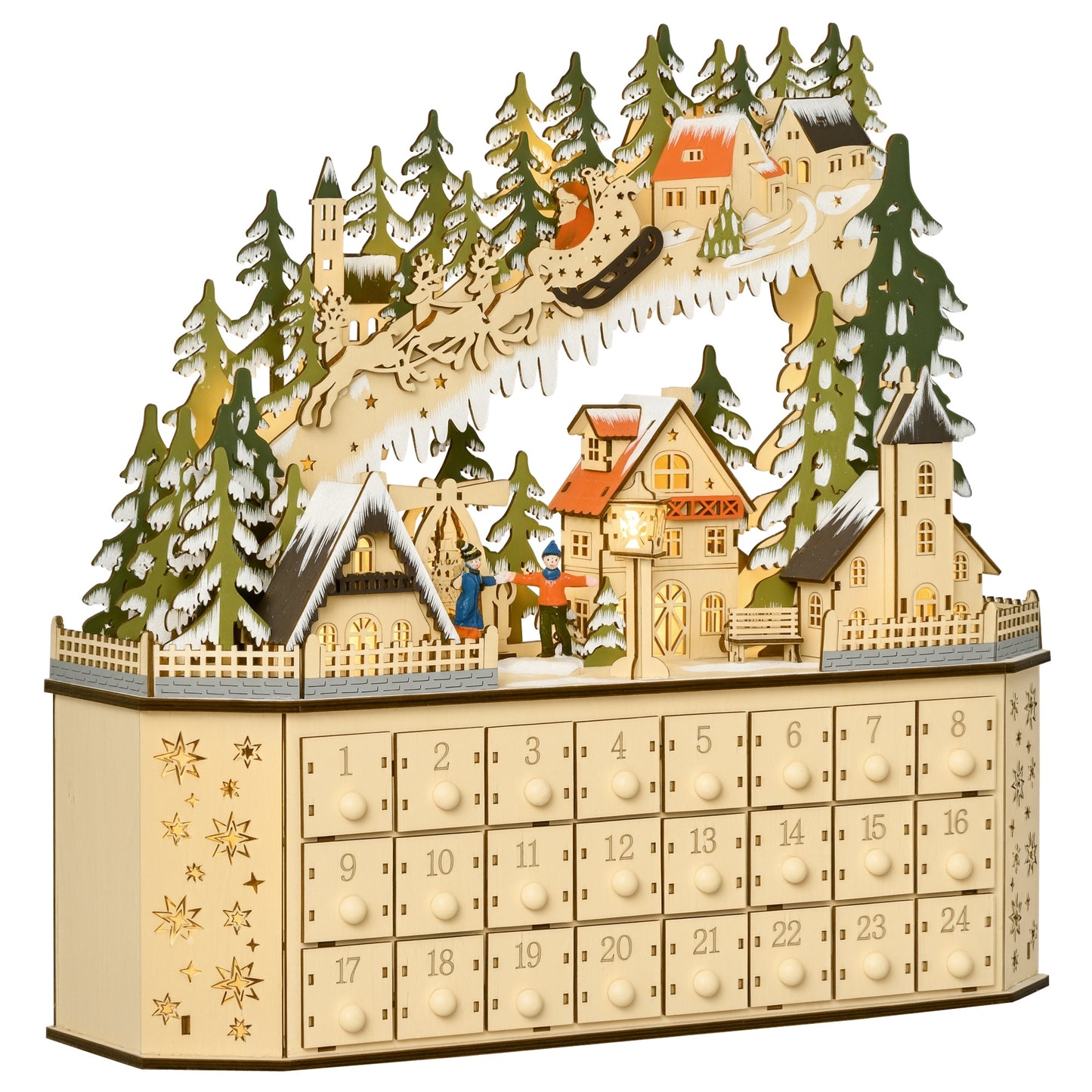 HOMCOM Adventskalender Weichnachtsdekoration Weihnachtsdeko, 24 Schubladen, LED-Lichter, 39 cm x 9 cm x 42 cm, Weiß + Grün
