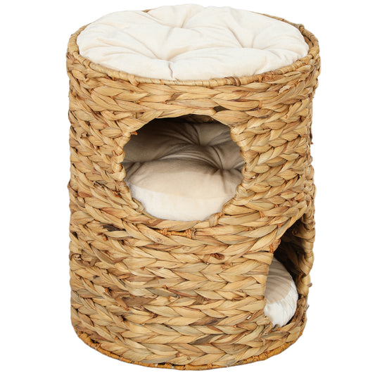 PawHut Kratztonne, 50 cm, 2 Höhlen, Kissen, Kratzbaum mit Katzenbett, Katzenturm aus Wasserhyazinthe, Hellbraun