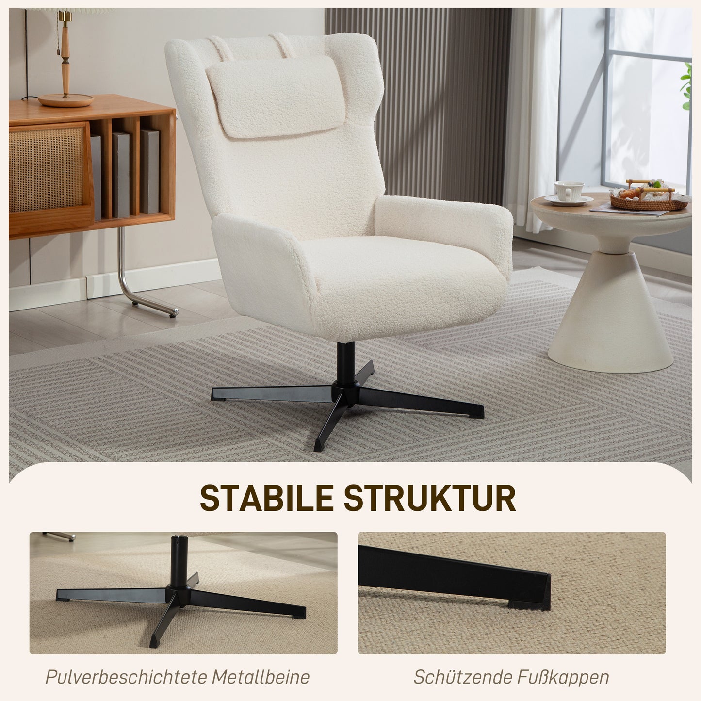 HOMCOM Akzentstuhl, Polstersessel mit Fleece-Bezug, Drehfuß, Metallrahmen, Cremeweiß