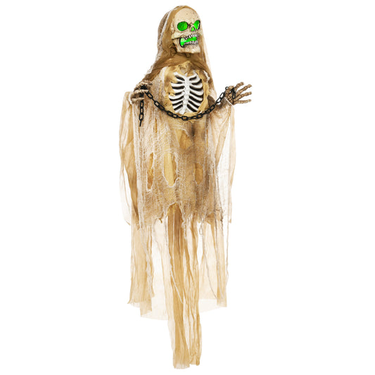 HOMCOM Halloweendekoration, Hängendes Skelett, leuchtender Kopf, unheimliches Heulen, biegsame Arme, Khaki