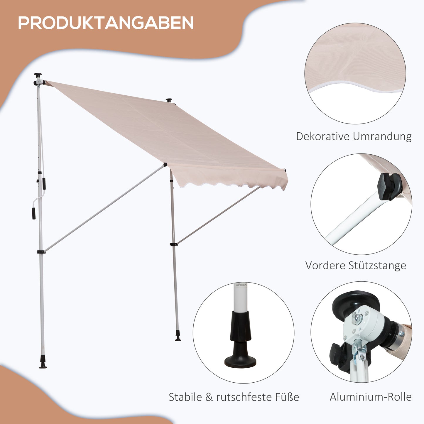 Outsunny Klemmmarkise mit Handkurbel höhenverstellbar Gelenkarmmarkise schmutzabweisend, witterungsbeständig Balkonmarkise 150cm breit Terrassenmarkise für Terrasse Balkon Veranda Cremeweiß