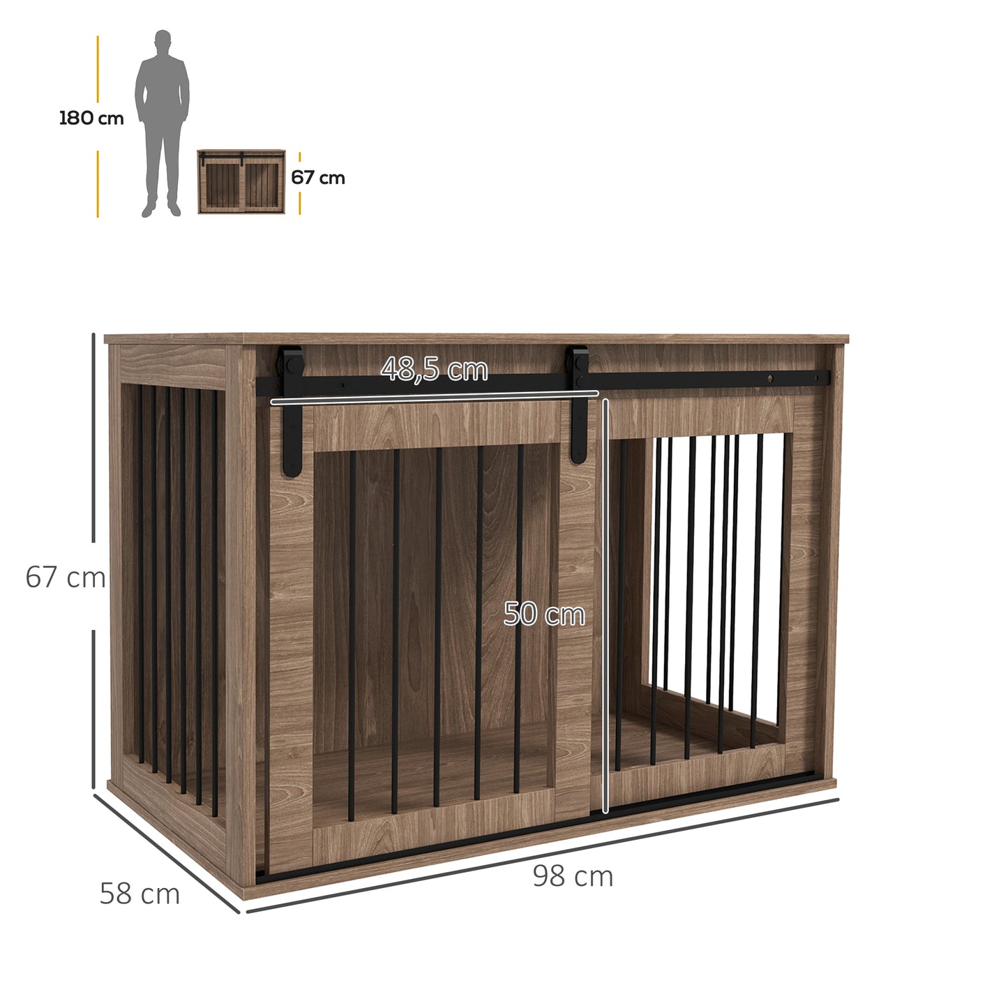 PawHut Hundebox Hundekäfig, Verriegelbar, Holzoptik, rustikales Design, 98 cm x 58 cm x 67 cm, Walnuss + Schwarz