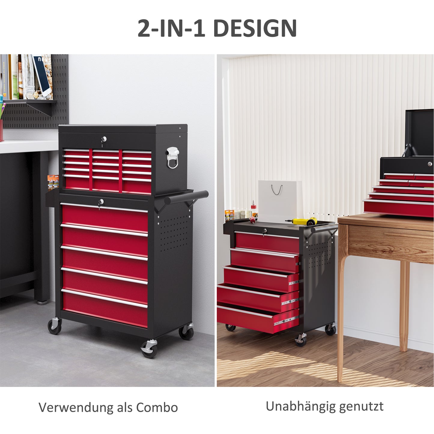 HOMCOM Werkzeugwagen, zweiteilig, abschließbar, 14 Schubladen, Lochwand, Stahl, Rot