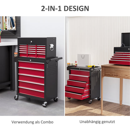 HOMCOM Werkzeugwagen, zweiteilig, abschließbar, 14 Schubladen, Lochwand, Stahl, Rot