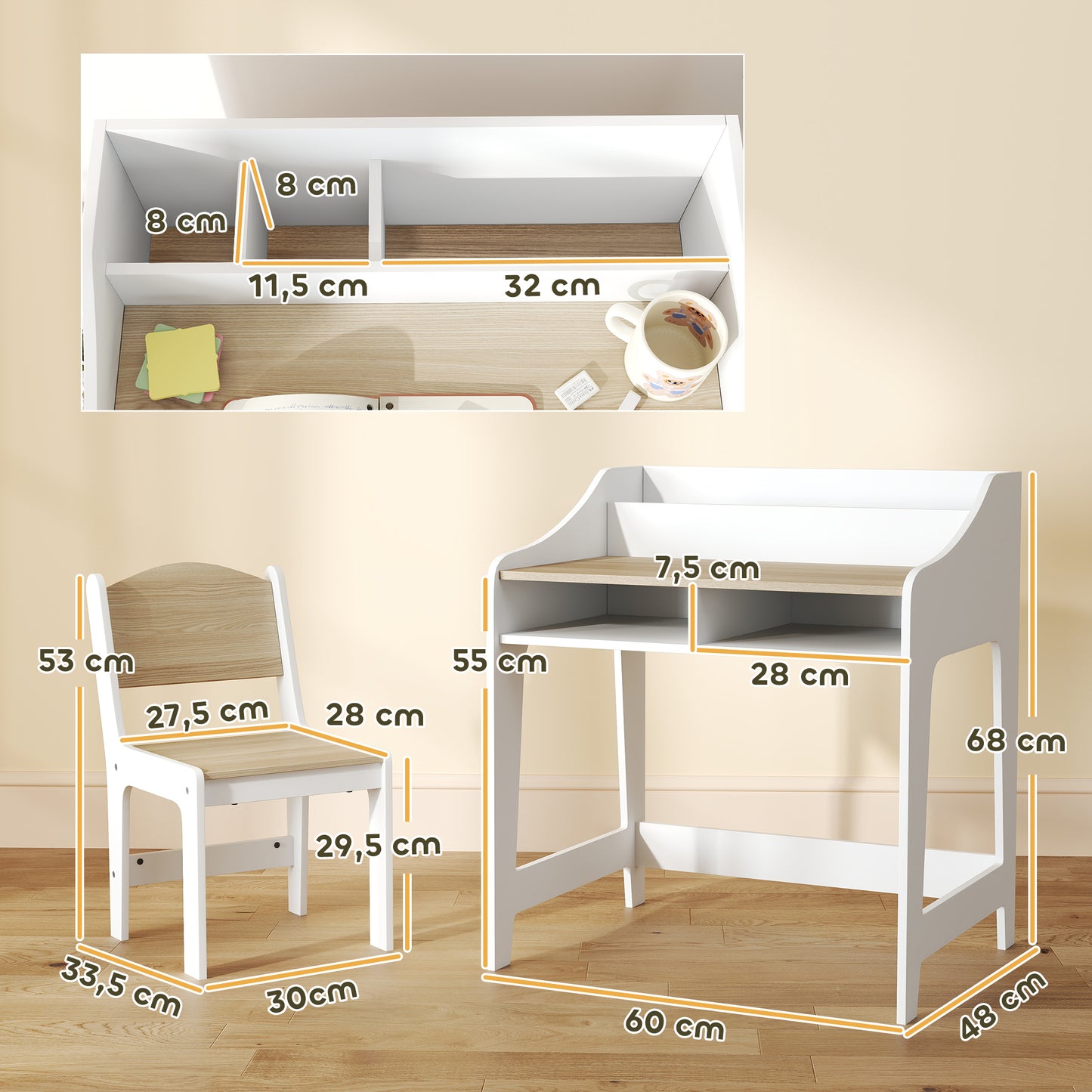 AIYAPLAY Kinder-Schreibtisch-Set mit Stauraum, offene Fächer, Stuhl, 3-8 Jahre, Holz