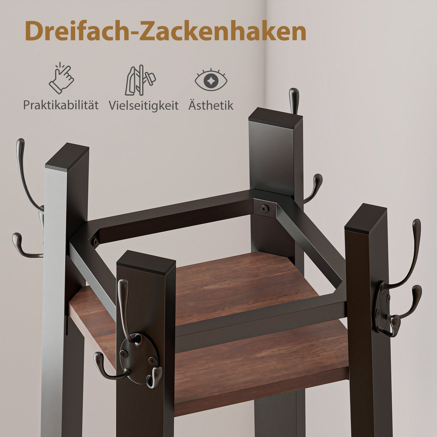 HOMCOM Garderobenständer mit 4 Ebenen, freistehender Kleiderständer, 8 Haken, 4 Regale, Industrie-Stil, Metall, Spanplatte, Braun