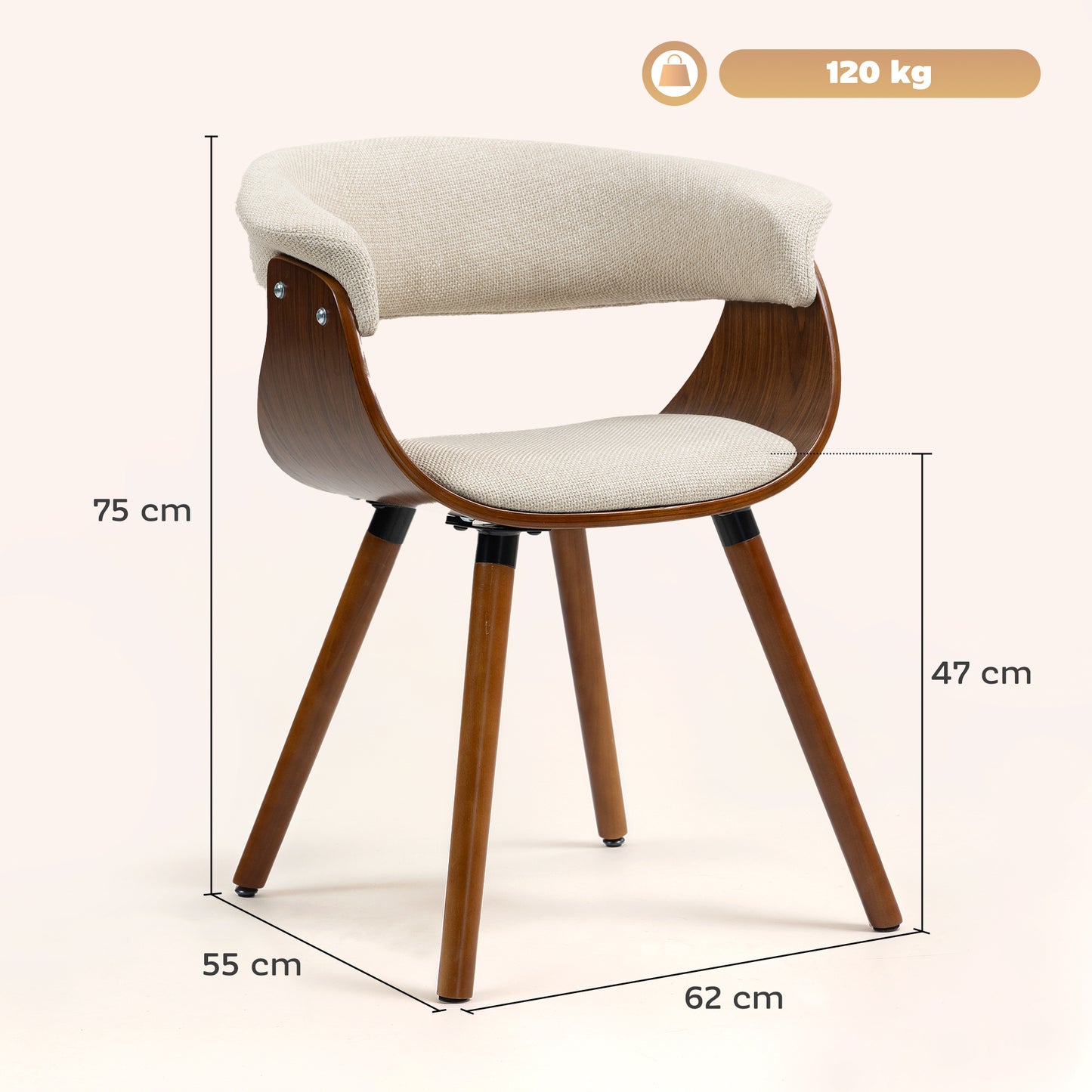 HOMCOM Esszimmerstuhl, Stoff in Leinenoptik, gebogene Rückenlehne, Holzbeine, Beige
