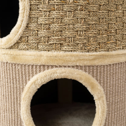 PawHut Kratztonne, 79 cm hoch, Ø45 cm, dreistöckige Katzentonne mit Sisalseil, Katzenhöhle, für große Katzen, Khaki+Braun
