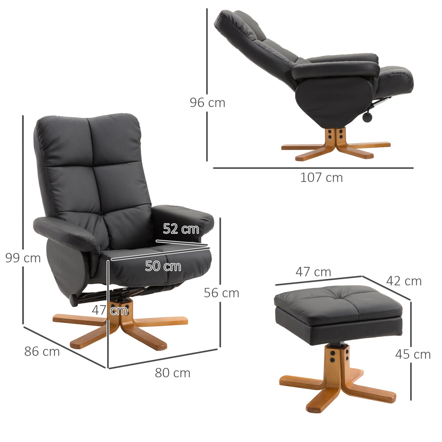 HOMCOM Relaxsessel mit Hocker, Stauraum, Gepolstert Fernsehsessel mit Liegefunktion, 360° Drehbar TV-Sessel für Schlafzimmer, Wohnzimmer, Kunstleder, Schwarz