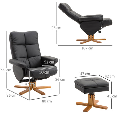 HOMCOM Relaxsessel mit Hocker, Stauraum, Gepolstert Fernsehsessel mit Liegefunktion, 360° Drehbar TV-Sessel für Schlafzimmer, Wohnzimmer, Kunstleder, Schwarz