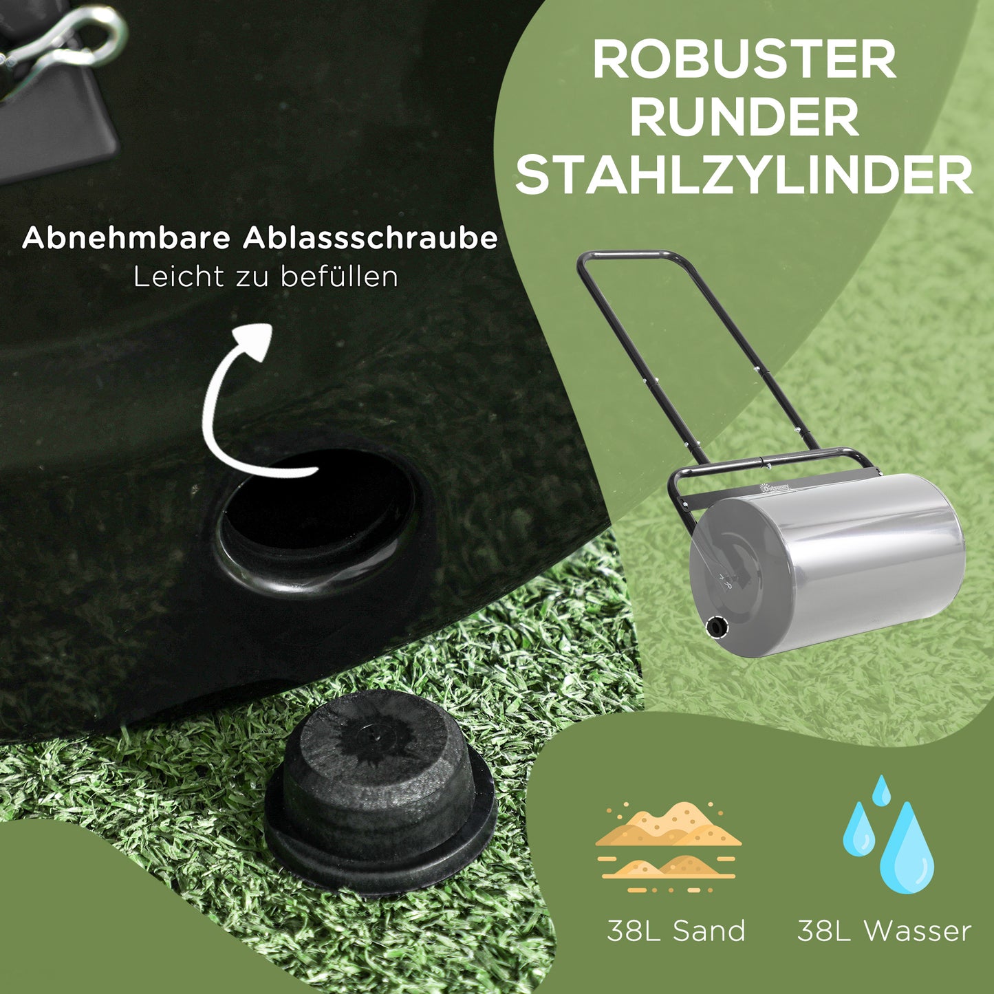 Outsunny Rasenwalze mit U-Griff, Gartenwalze, Gartenrolle, 32 cm Durchmesser, 38 L Wasser-/62 kg Sand, Metall, Schwarz, 58 x 32,5 x 113 cm