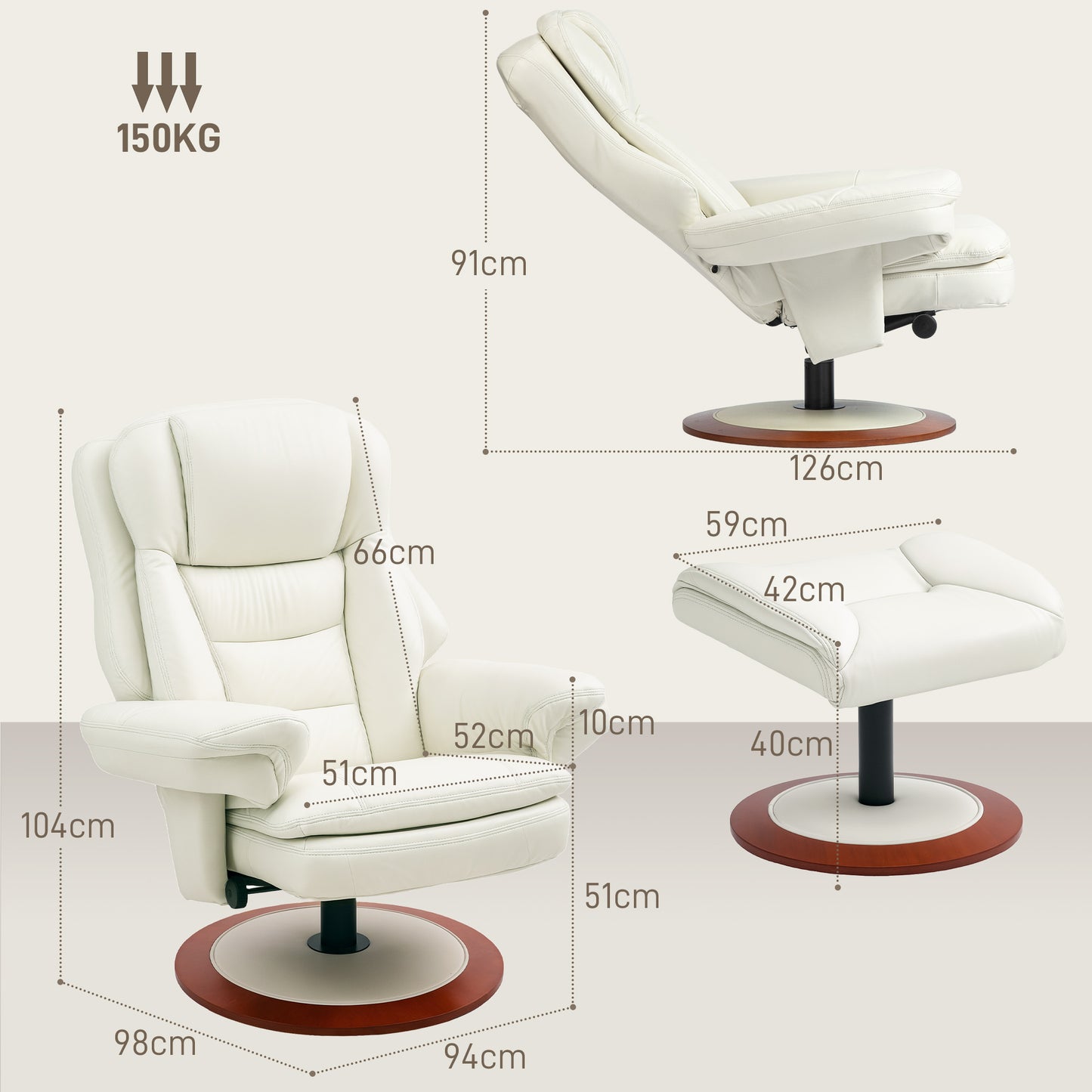 HOMCOM Relaxsessel mit Hocker, Liegefunktion, Drehbarer TV-Sessel mit Holzsockel, bis 150 kg belastbar, Kunstleder, Cremeweiß