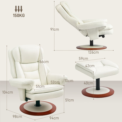 HOMCOM Relaxsessel mit Hocker, Liegefunktion, Drehbarer TV-Sessel mit Holzsockel, bis 150 kg belastbar, Kunstleder, Cremeweiß
