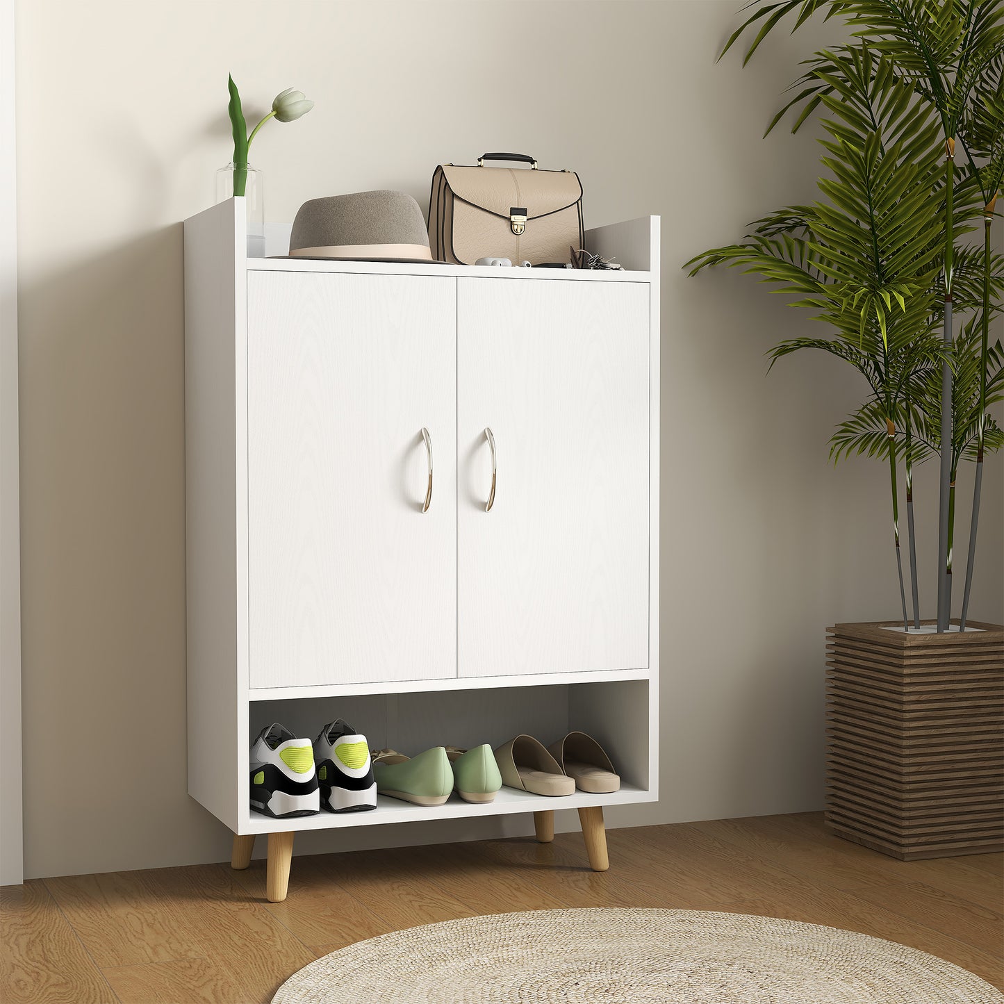 HOMCOM Schuhschrank, Schuhregal mit Türen und Regalen, für Flur, moderne Schuhkommode, Schuhablagen, 60 x 30 x 92 cm, Weiß