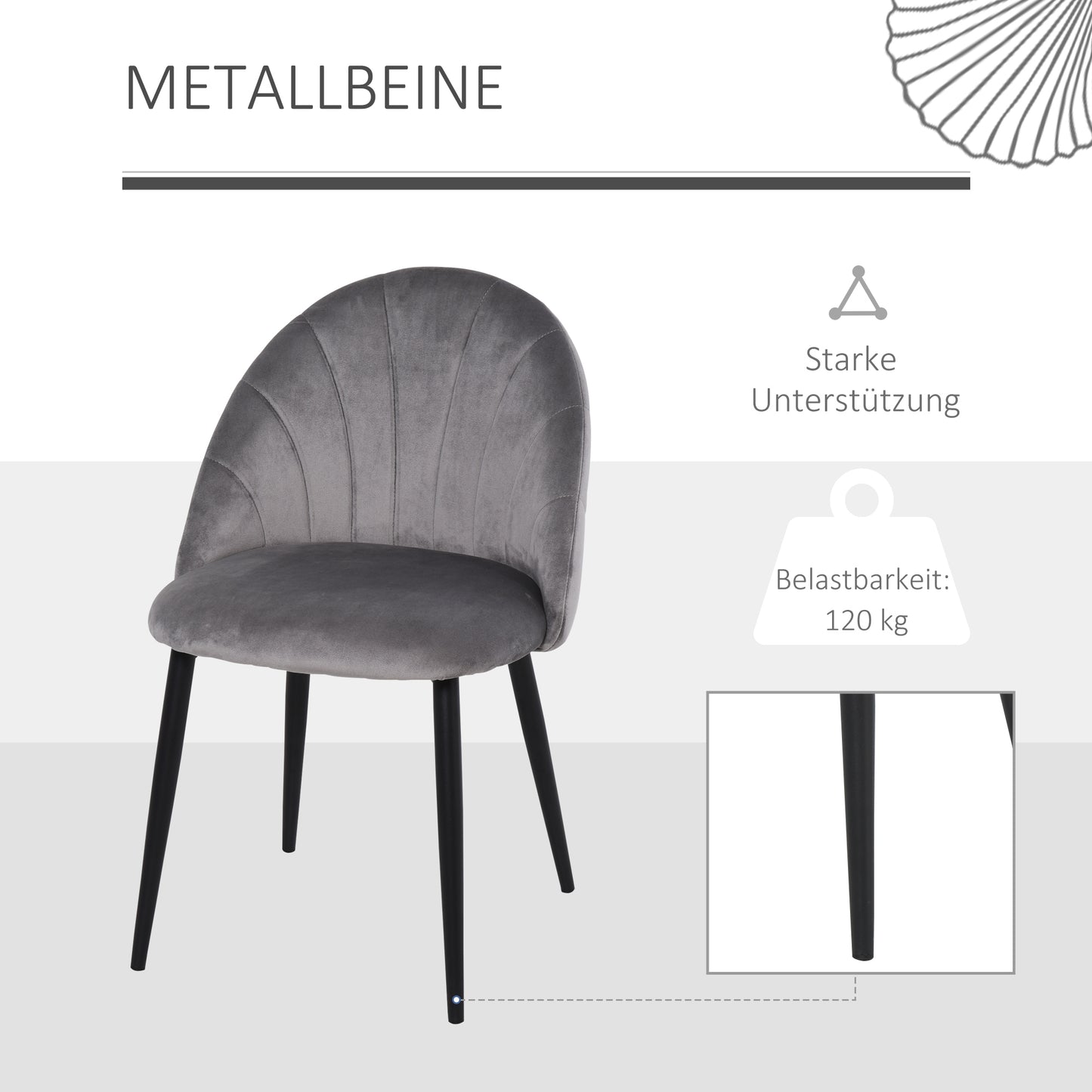 HOMCOM 2er-Set Esszimmerstühle Akzentstühle Küchenstühle, Retrodesign, Samtoptik, 52 cm x 54 cm x 79 cm, Grau