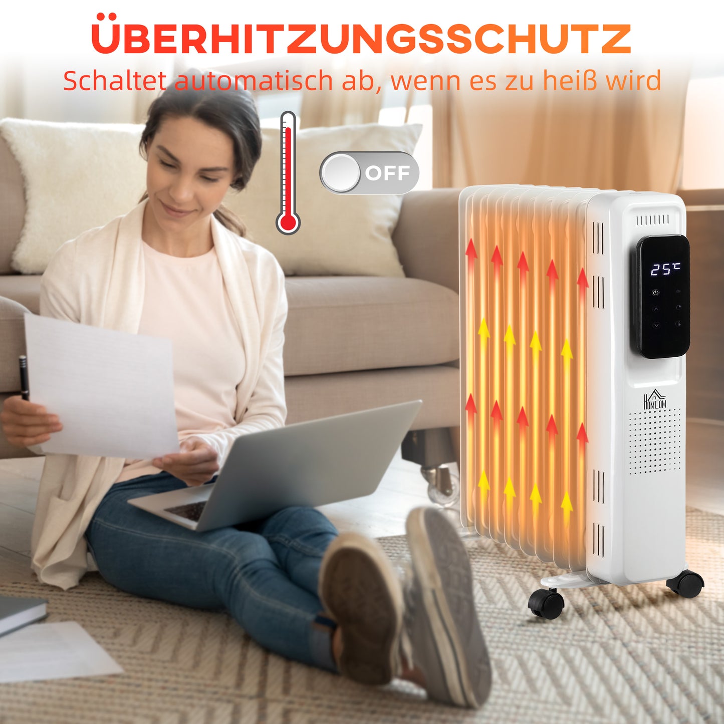 HOMCOM Ölheizung, 3 Heizstufen, شاشة تعمل باللمس, 15-35 درجة مئوية, 2000 واط, Stahl, weiß, 42,5 x 24 x 63 سم