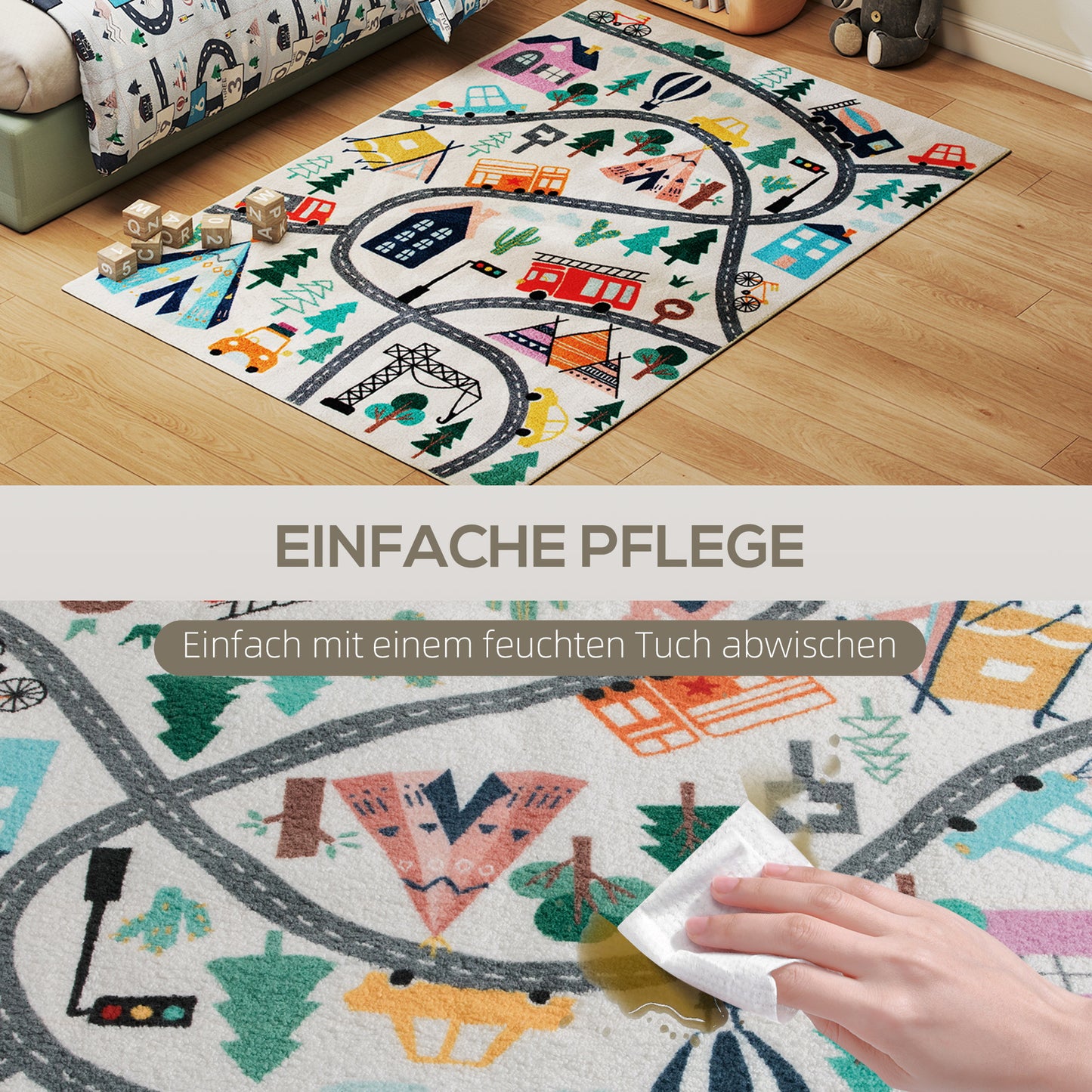 HOMCOM Teppich mit Autobahn-Muster, weißer Hintergrund, weiches Fleece, pflegeleicht, Bunt