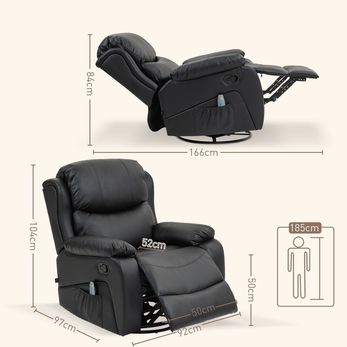 HOMCOM Massagesessel, Wärme- & Liegefunktion, Kunstleder, bis 150kg, 97x92x104cm, Schwarz