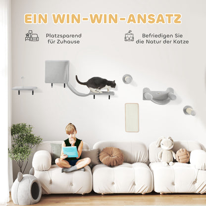 PawHut Kletterwand Katzen 6-teilig Katzen Kletterwand Set mit Katzenhaus, Hängematte, Plattform Kratzbrett Grau