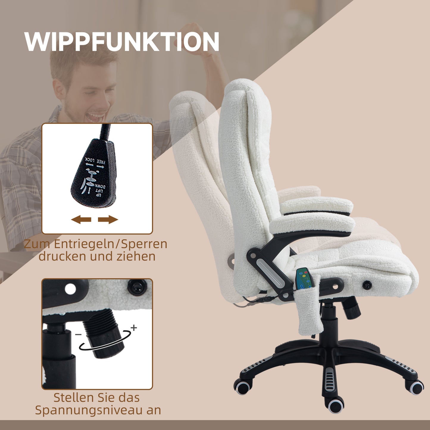 Vinsetto Bürosessel Massagefunktion Massagebürostuhl, Massagefunktion, höhenverstellbar, 67 x 74 x 107-116 cm, Weiß
