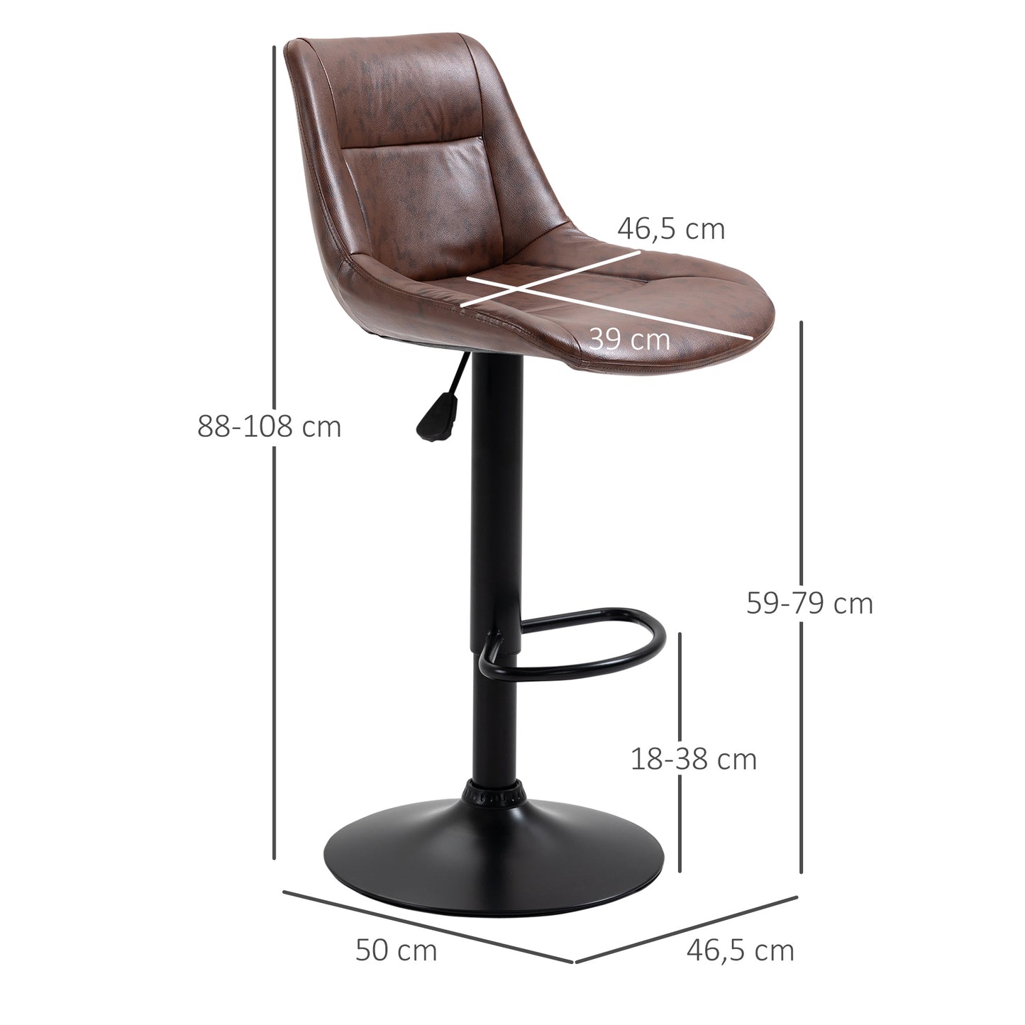 HOMCOM 2er-Set Barhocker Barhocker Barstühle, höhenverstellbar, inkl. Fußstütze, 46,5cm x 50cm x 108cm, Schwarz + Braun
