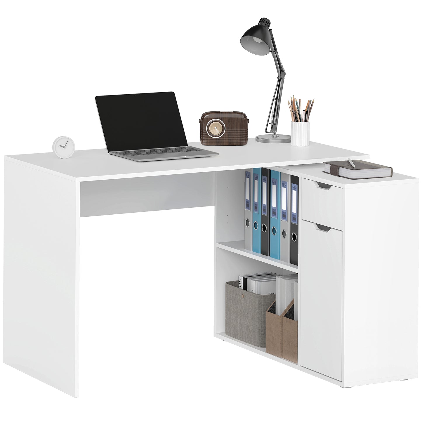 HOMCOM Flexibler Schreibtisch, 2-stufiger Schrank, Schublade, offene Fächer, Holz, Weiß