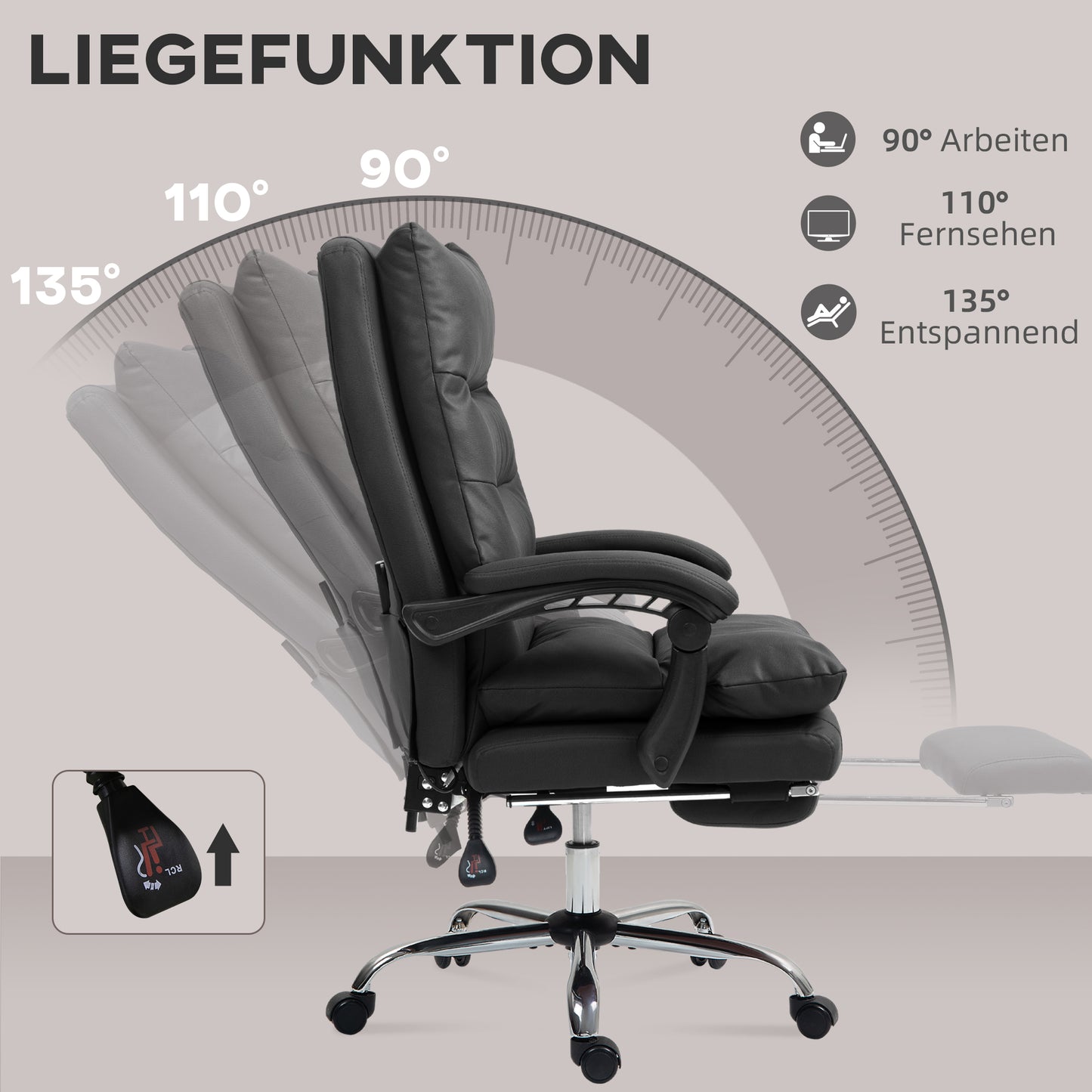 Vinsetto Bürostuhl mit Massagefunktion, beheizbar, neigbar, Kunstleder, 65x72x109-117cm, Schwarz