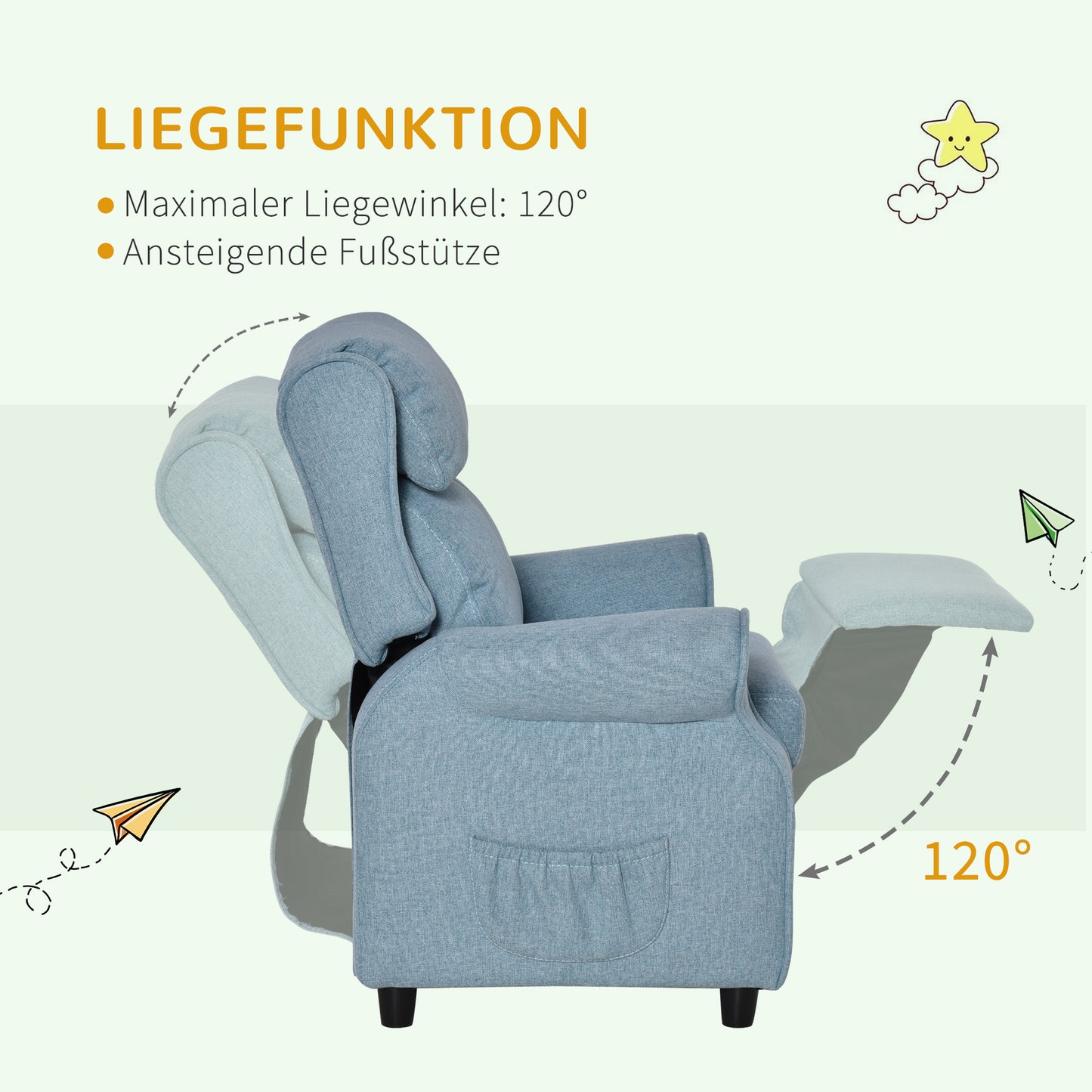 HOMCOM Kindersofa Kindercouch Kindersessel Stuhl Liegesofa verstellbar mit Fußstütze für 3-5 Jahre Jungen und Mädchen Blue 58 x 53 x 70 سم