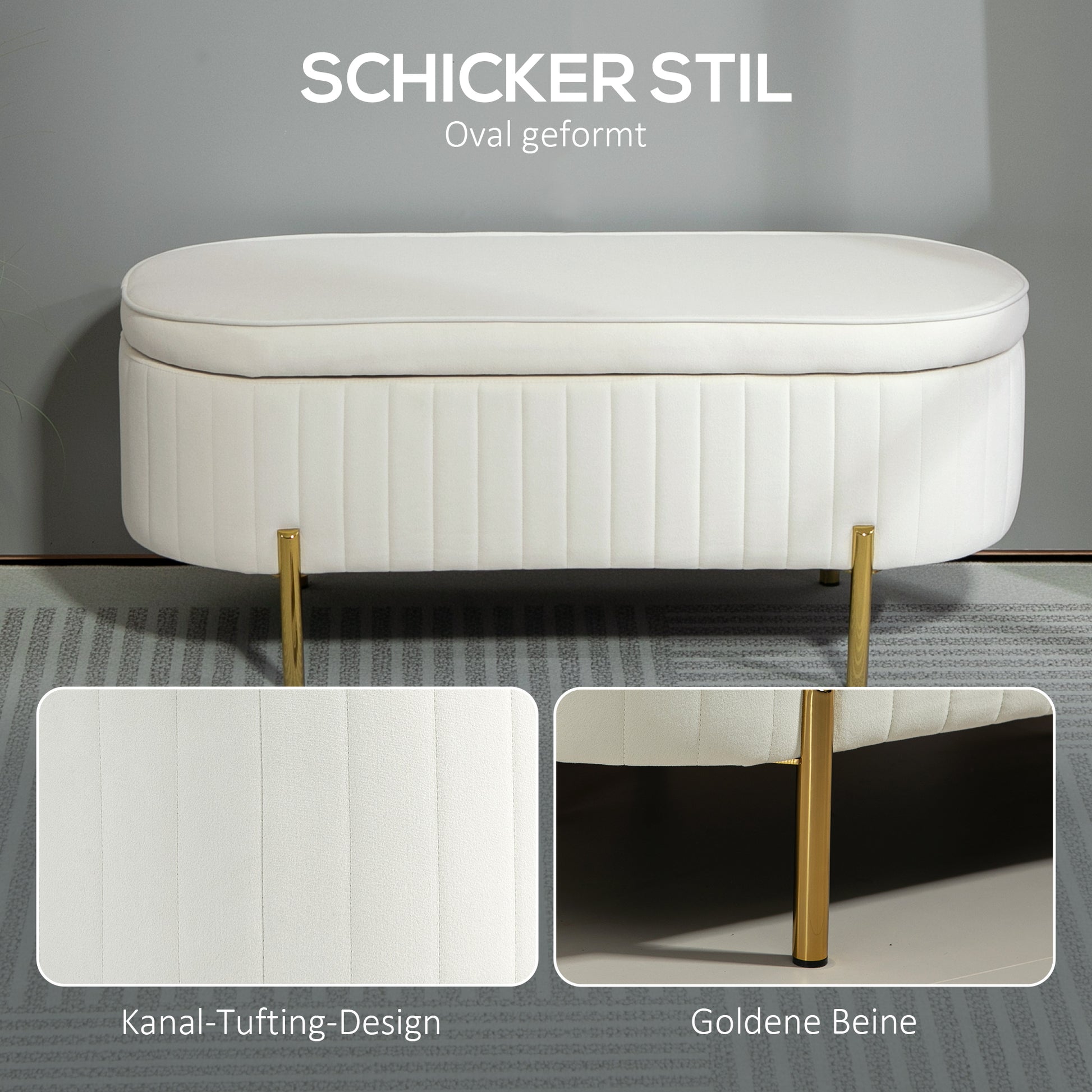 HOMCOM Sitzbank mit Klappdeckel und Stauraum, Stoffbezug, Metall, Cremeweiß+Golden