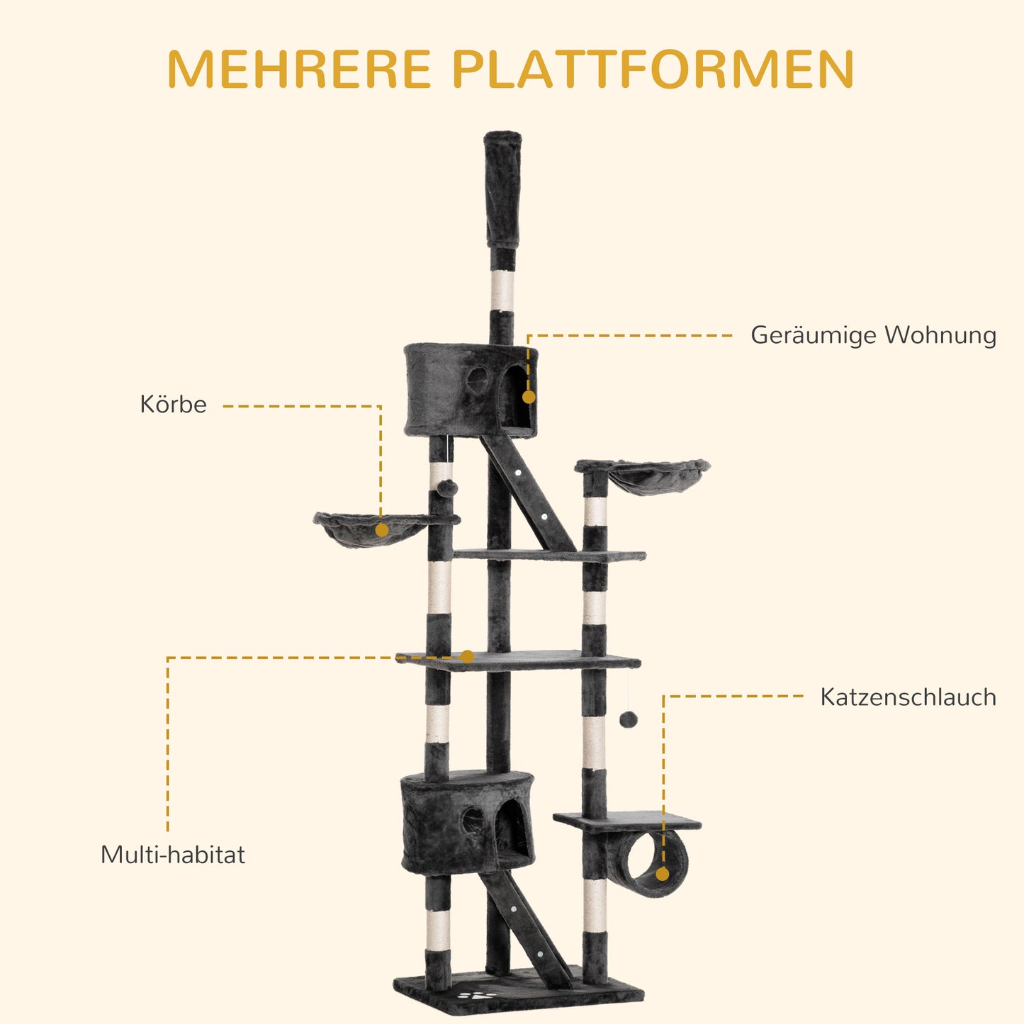 PawHut Kratzbaum deckenhoch Höhe 240-260 cm Katzenbaum mit Plüschbälle, Katzenhöhle, Hängematte, Sisalstämme, Plattformen mehrstöckiger Katzenkratzbaum Kletterbaum für große Katzen, Dunkelgrau