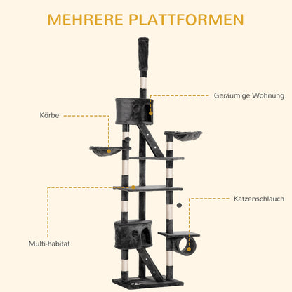 PawHut Kratzbaum deckenhoch Höhe 240-260 cm Katzenbaum mit Plüschbälle, Katzenhöhle, Hängematte, Sisalstämme, Plattformen mehrstöckiger Katzenkratzbaum Kletterbaum für große Katzen, Dunkelgrau