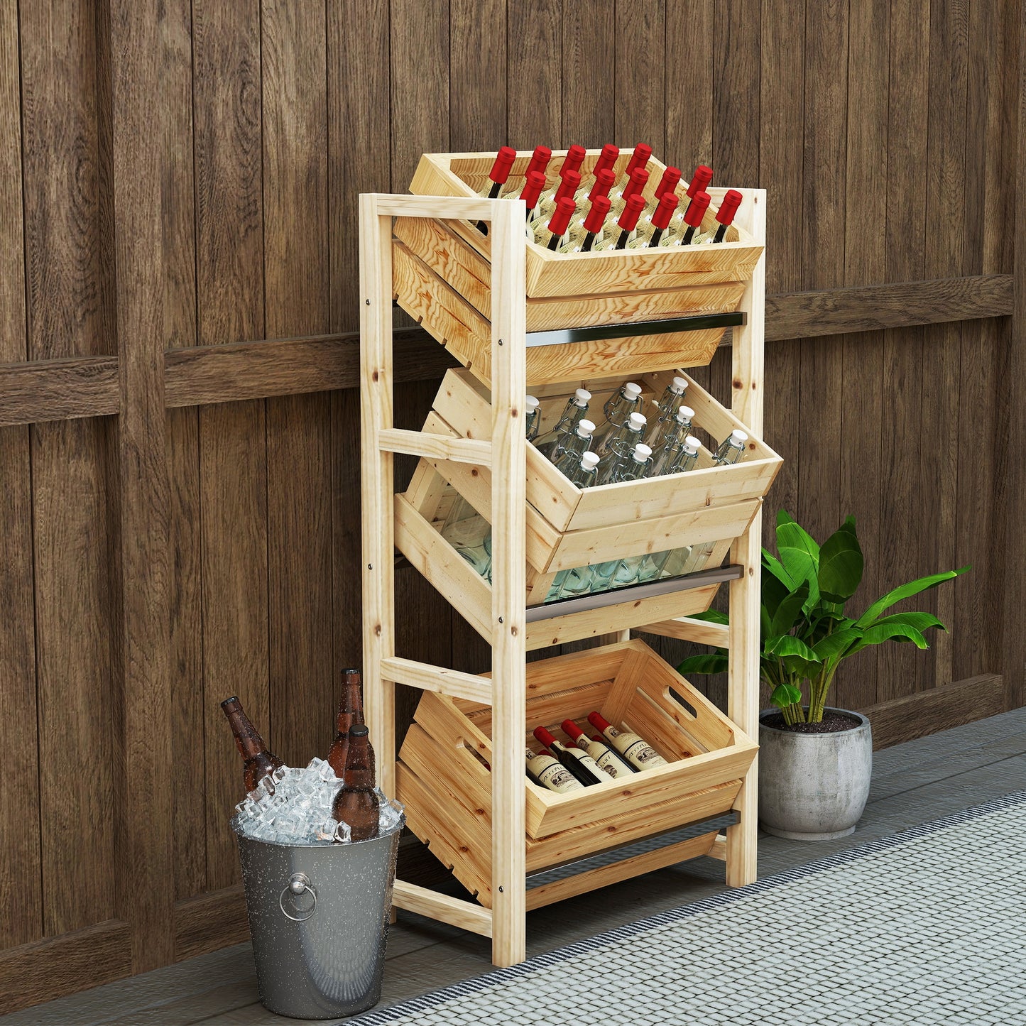 Outsunny Getränkekistenregal für 3 Getränkekisten Getränkeregal Holz Kistenregal mit 3 Ebenen 56 x 32 x 112 cm Naturholz