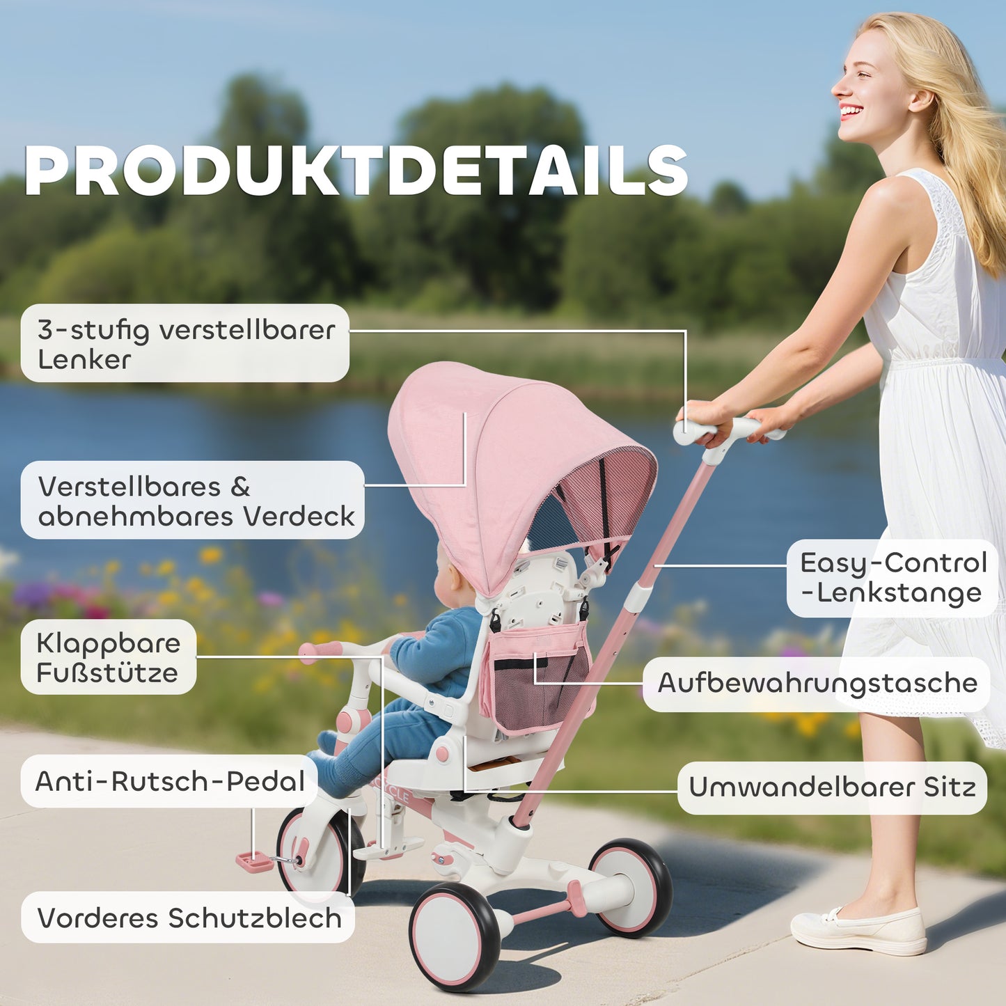 AIYAPLAY Kinder-Dreirad, wandelbarer Baby-Buggy, 5-in-1 Design, abnehmbarer Schiebegriff, verstellbar, Sicherheitsgurt, Aufbewahrungstasche, 1-3 Jahre, Rosa