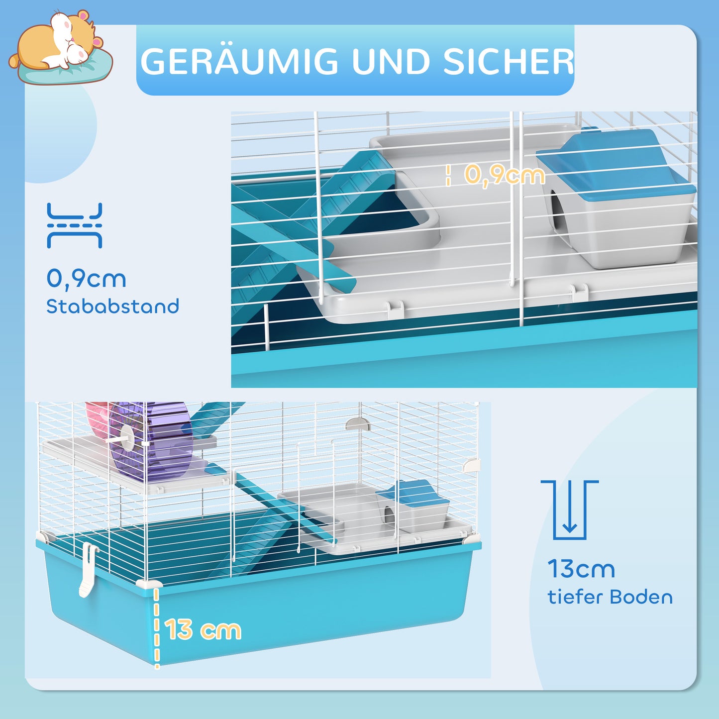 PawHut 6-stöckiger Hamsterkäfig mit Röhren, Tunnels, Hütte, Laufrad, Futterschale, Wasserflasche, Rampen, Hellblau