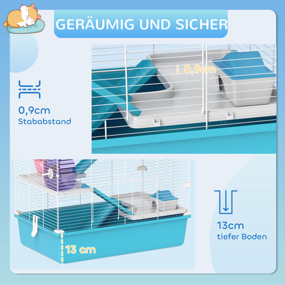 PawHut 6-stöckiger Hamsterkäfig mit Röhren, Tunnels, Hütte, Laufrad, Futterschale, Wasserflasche, Rampen, Hellblau