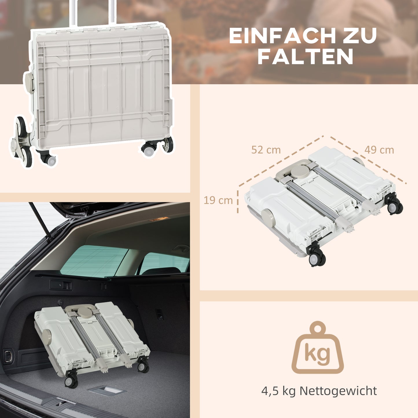HOMCOM Einkaufstrolley Treppensteiger Mobil Transportbox, klappbar, Teleskopgriff, bis max. 65 Kilo belastbar, Weiß
