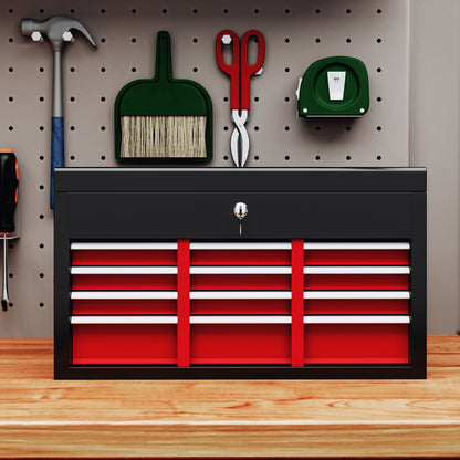 HOMCOM Werkzeugkiste, abschließbar, 3 Schubladen, Stahlgehäuse, 60x26x34cm, Rot+Schwarz