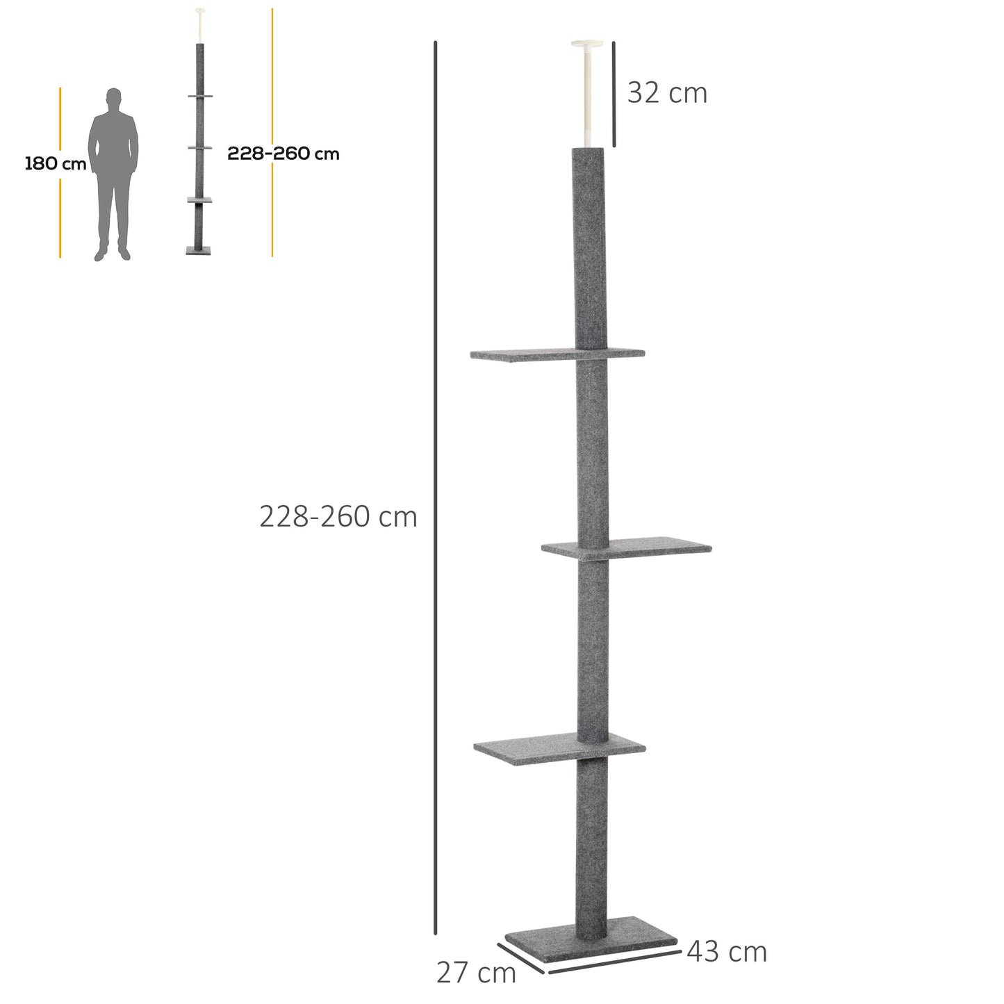 PawHut Kratzbaum deckenhoch Höhe 228-260 cm Katzenbaum mit Plattformen mehrstöckiger Katzenkratzbaum Kletterbaum für kleine & große Katzen, Grau