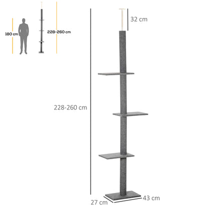 PawHut Kratzbaum deckenhoch Höhe 228-260 cm Katzenbaum mit Plattformen mehrstöckiger Katzenkratzbaum Kletterbaum für kleine & große Katzen, Grau