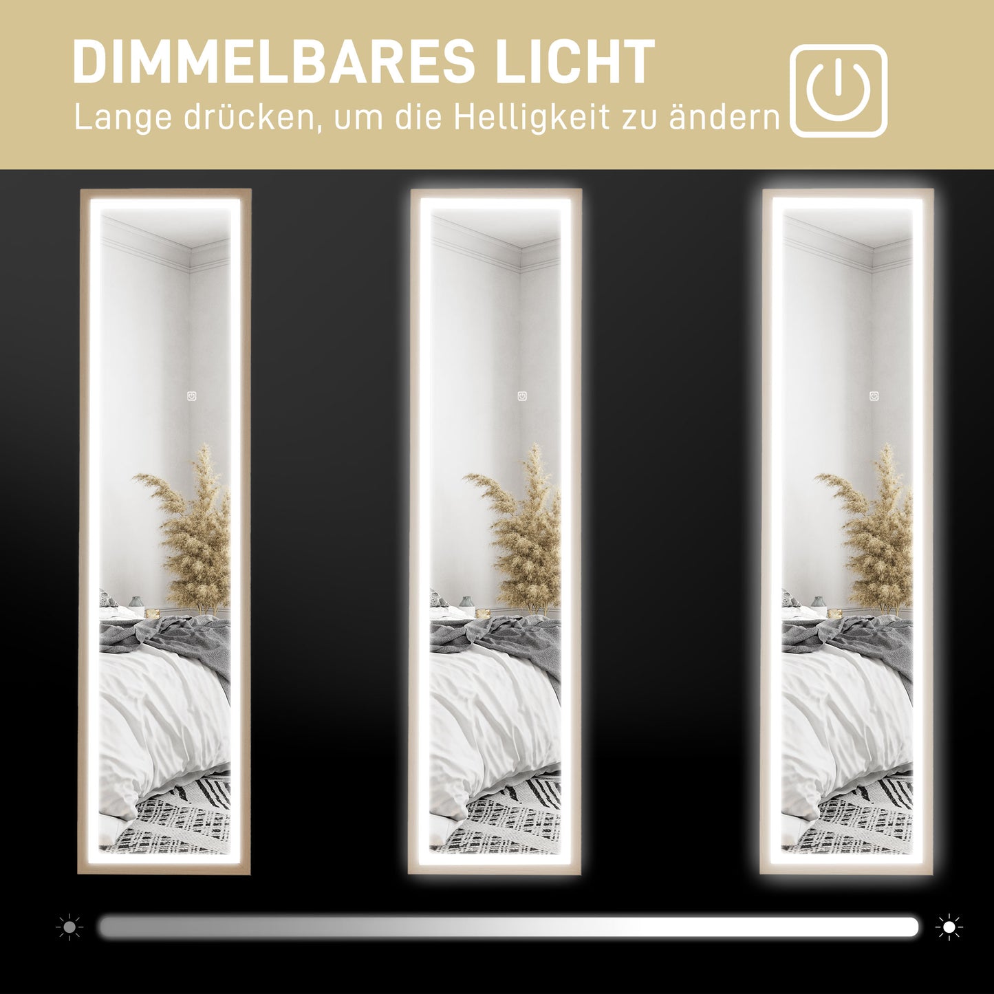 HOMCOM LED Ganzkörperspiegel, 40 x 160 cm, Touch-Steuerung, dimmbar, 3 Farben, Eiche