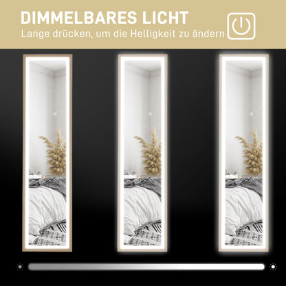 HOMCOM LED Ganzkörperspiegel, 40 x 160 cm, Touch-Steuerung, dimmbar, 3 Farben, Eiche