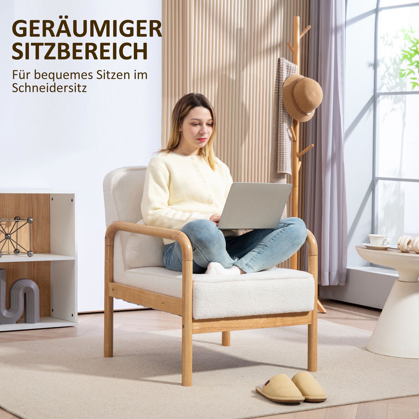 HOMCOM Akzentstuhl, Polsterstuhl mit Stoffbezug, Kautschukholzrahmen, Moderner Stuhl mit Kissen, Weiß