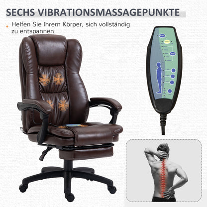 Vinsetto Verstellbarer Drehstuhl mit Fußstütze, Kopfstütze, Massagefunktion, Kunstleder, 68,5x68,5x113-121cm, Braun