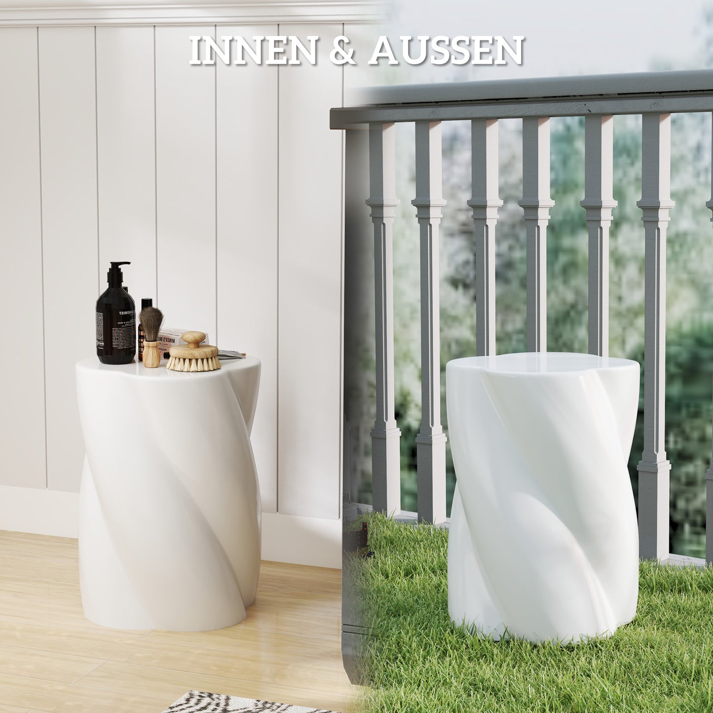 Outsunny Sitzhocker aus Keramik in Spiralform 120kg belastbar Ø33 x 45 cm Wetterfest Garten Hocker mit Deckel Weiß