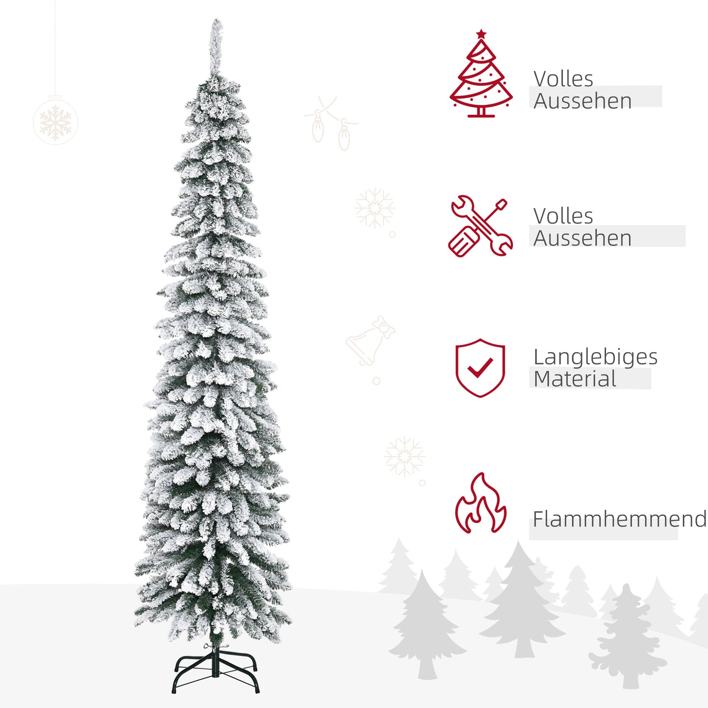 HOMCOM Künstlicher Weihnachtsbaum, schneebedeckt, schmales Design, feuerfest, 210 cm, Grün/Weiß