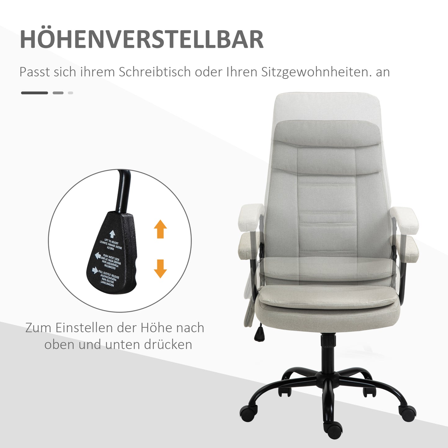 Vinsetto Bürostuhl Massage höhenverstellbarer Chefsessel Gamingstuhl mit Massagefunktion, ergonomischer Drehstuhl Massage Sessel Lendenwirbelsäulenmassage Leinen-Gefühl Beige 63 x 70 x 112-121 cm