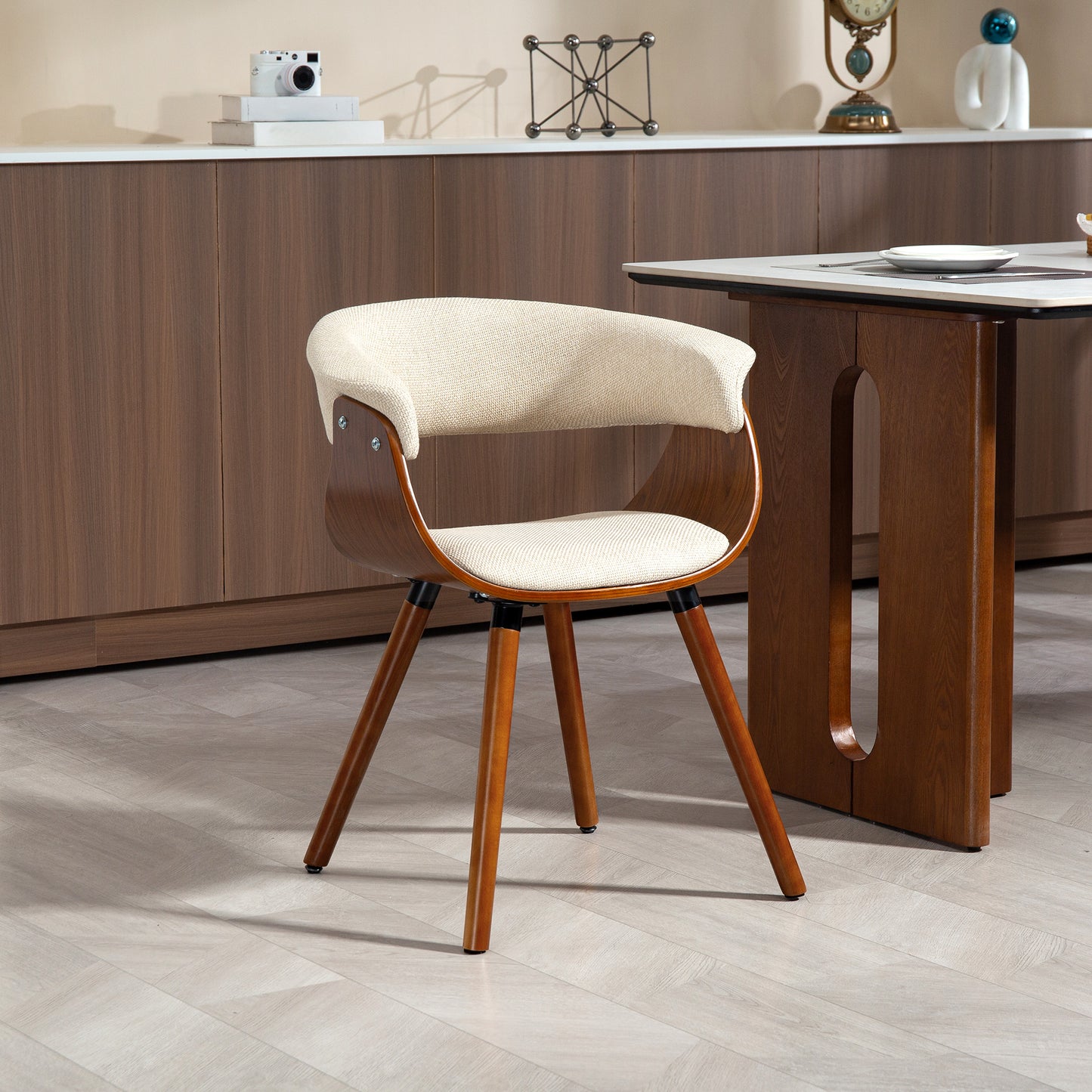 HOMCOM Esszimmerstuhl, Stoff in Leinenoptik, gebogene Rückenlehne, Holzbeine, Beige